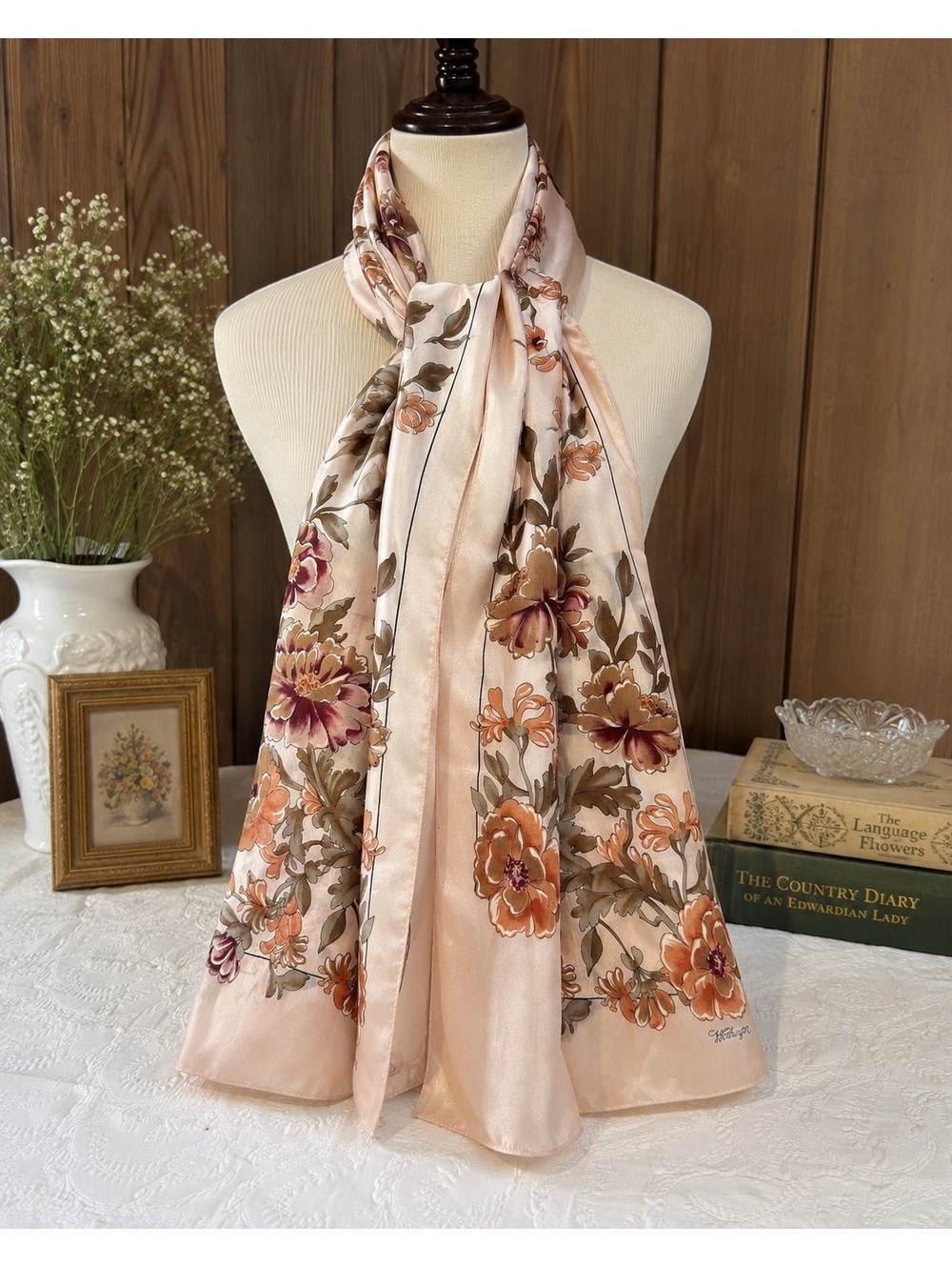 Vintage Worthington Floral Scarf Peach Burgundy Botanical Silky Long Neck Scarf
